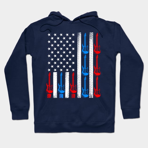 US American Flag Guitar 4th of July Patriotic Guitarist Hoodie by Fox Dexter